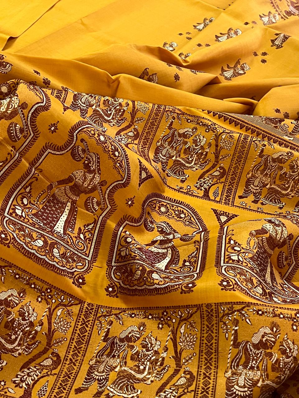 Exquisite Handwoven Pure Silk Baluchari saree - Turmeric Yellow