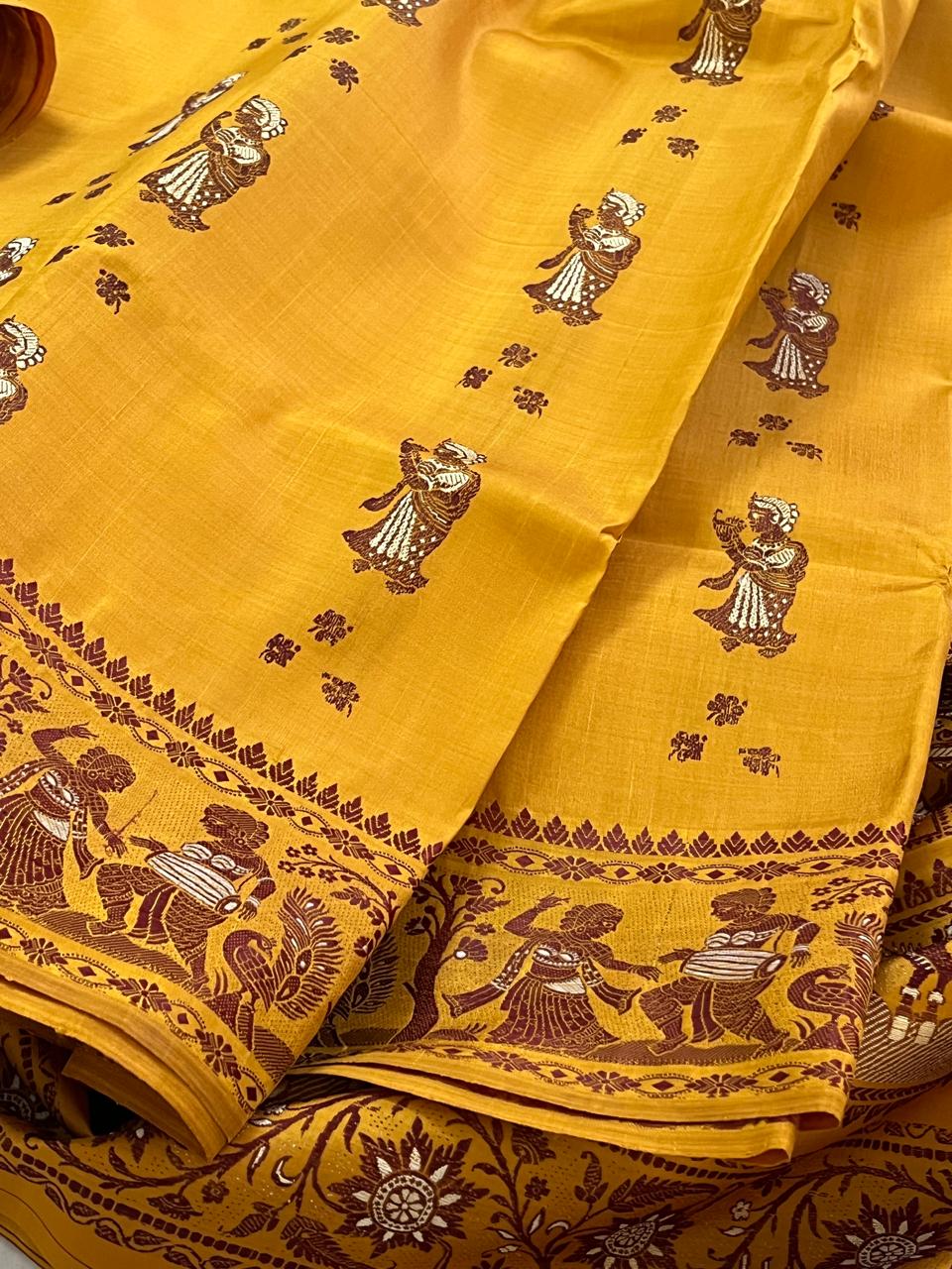 Exquisite Handwoven Pure Silk Baluchari saree - Turmeric Yellow
