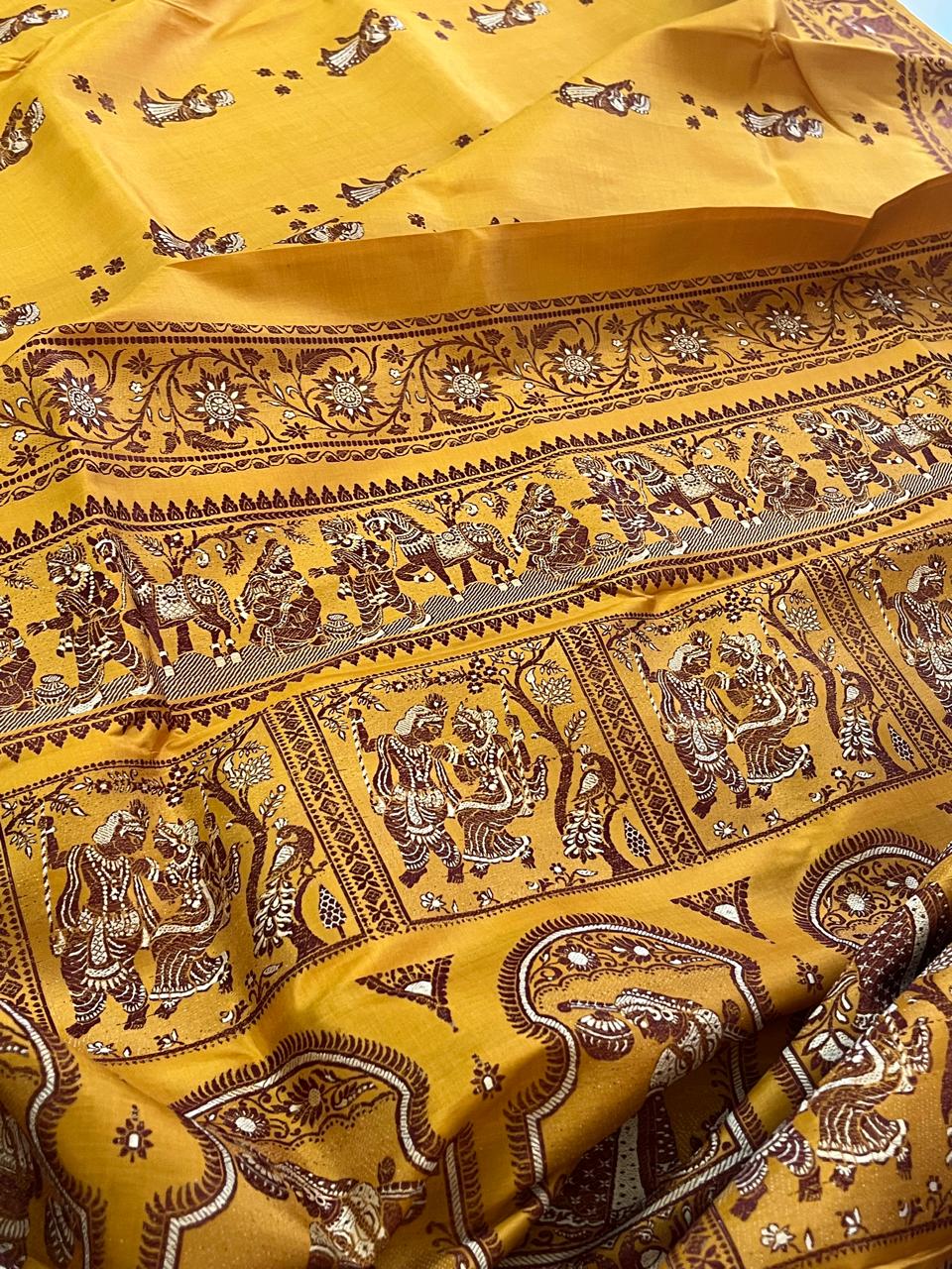 Exquisite Handwoven Pure Silk Baluchari saree - Turmeric Yellow