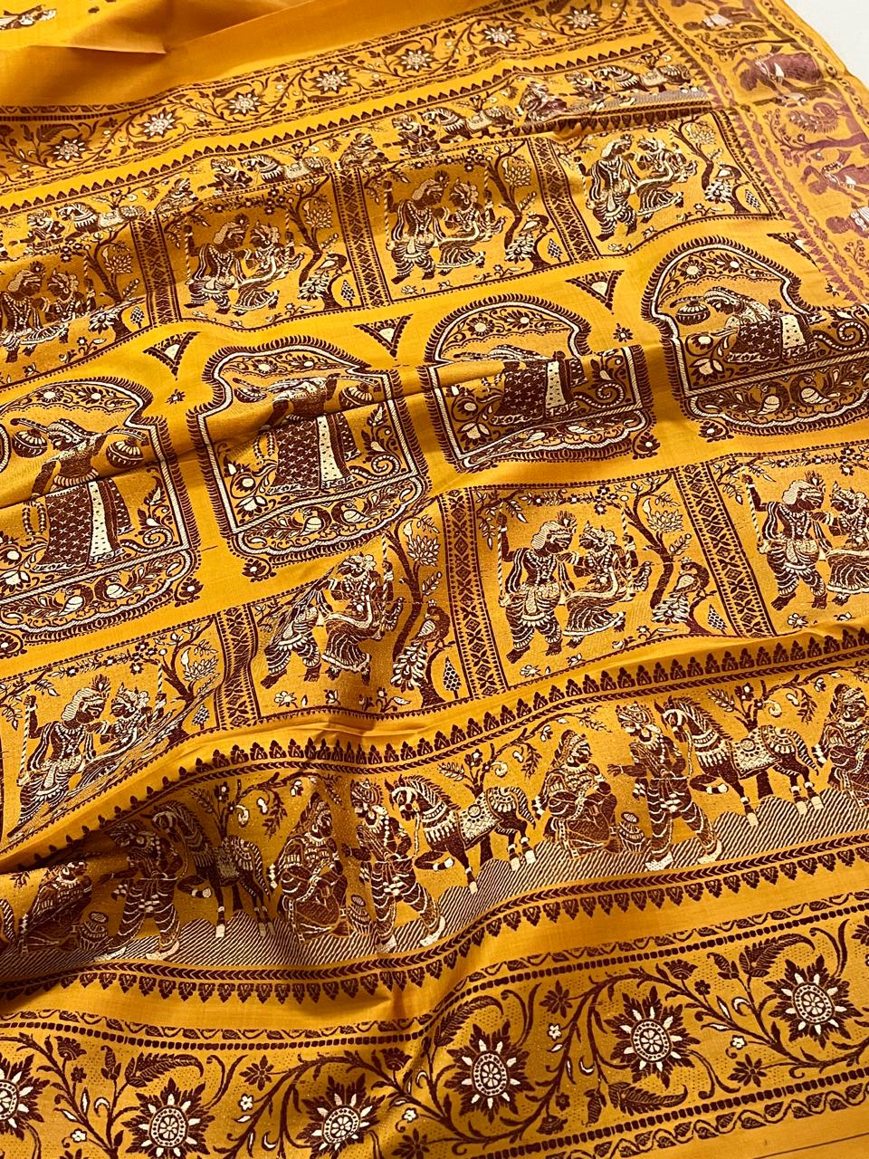 Exquisite Handwoven Pure Silk Baluchari saree - Turmeric Yellow