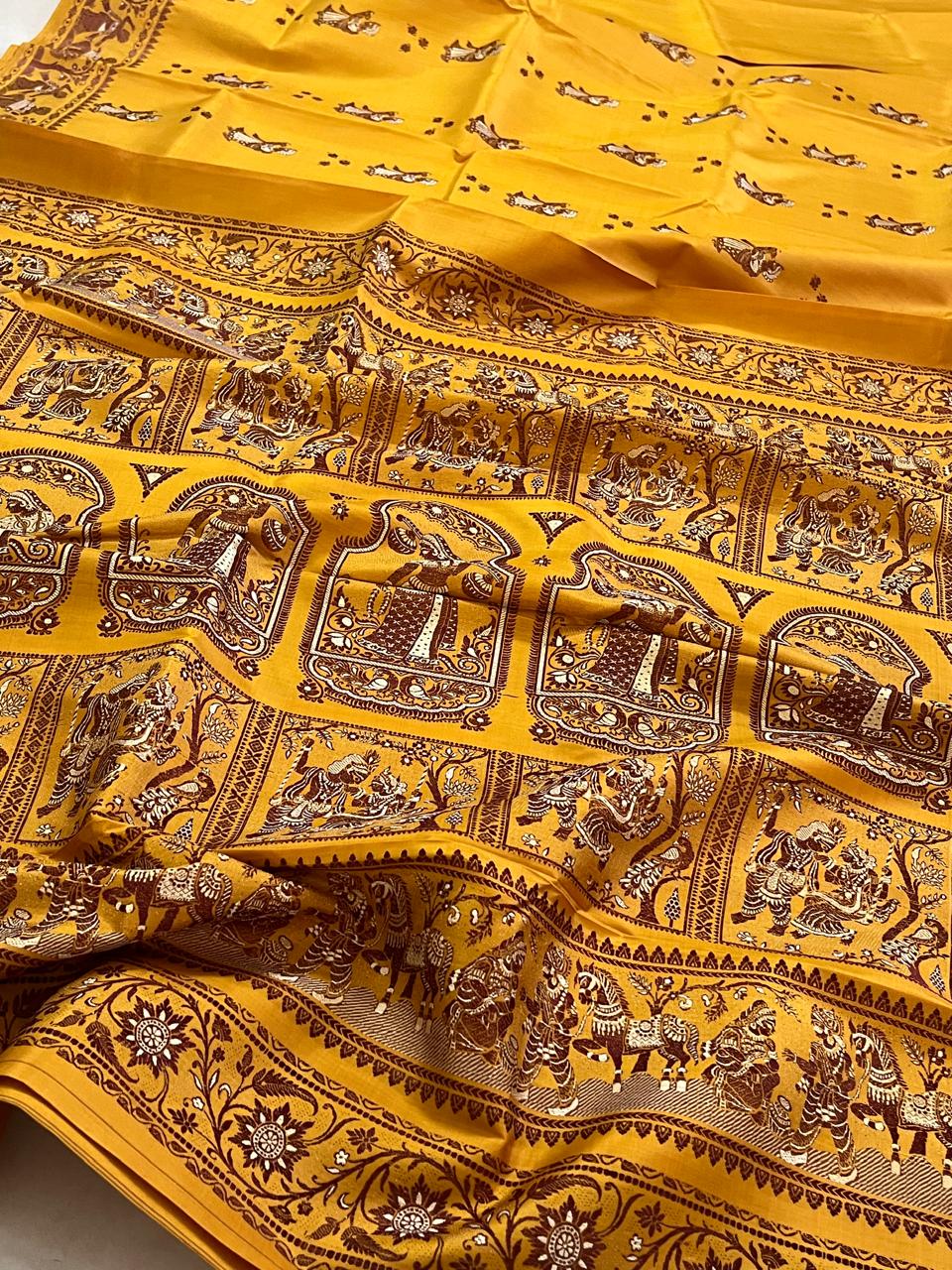 Exquisite Handwoven Pure Silk Baluchari saree - Turmeric Yellow
