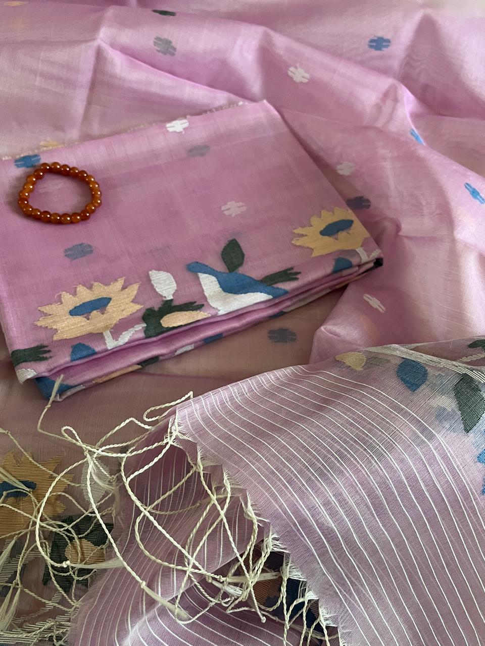 Handwoven Pure Silk Jamdani Kurta Dupatta Sets - Purple
