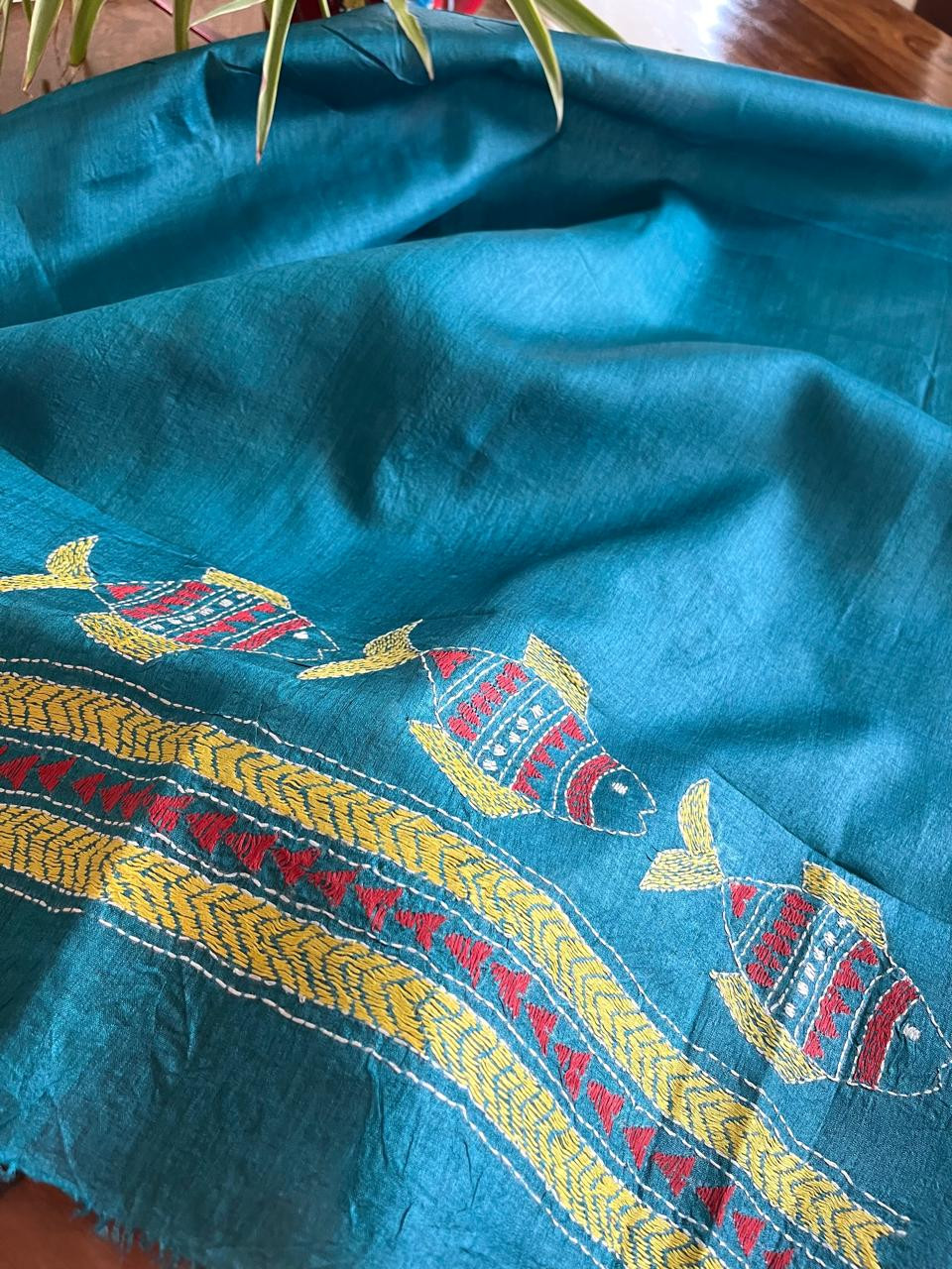 Pure Silk Kantha Hand embroidered Blouse - Unstitched - Blue