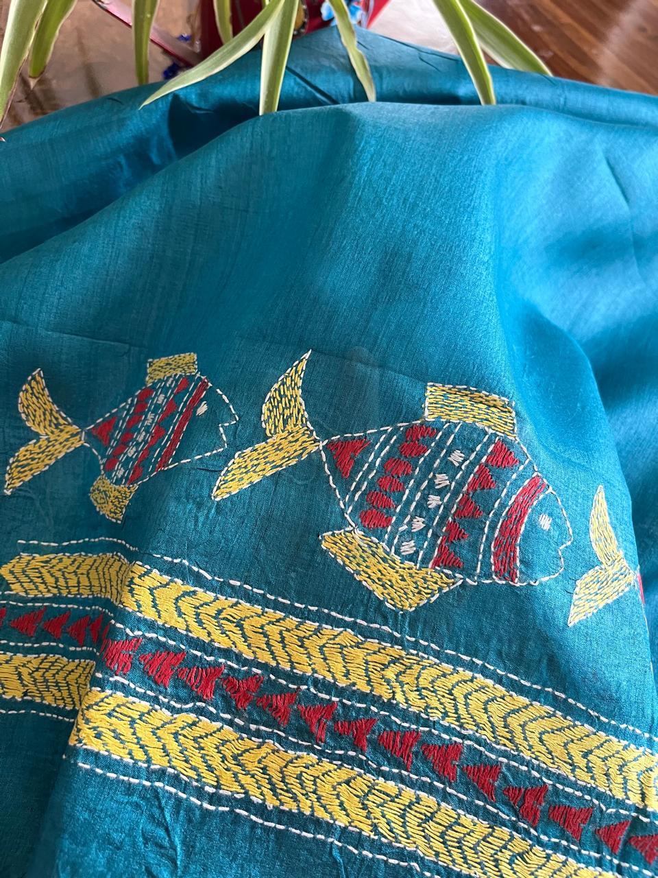 Pure Silk Kantha Hand embroidered Blouse - Unstitched - Blue