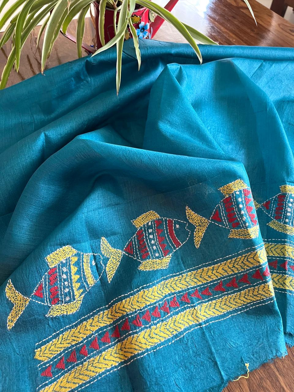 Pure Silk Kantha Hand embroidered Blouse - Unstitched - Blue
