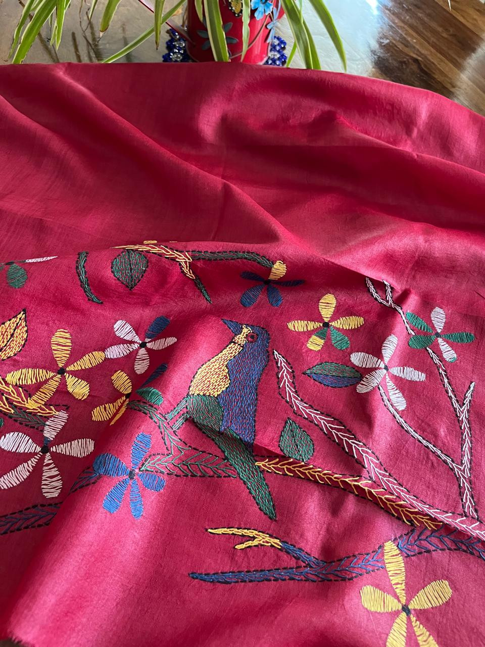 Pure Silk Kantha Hand embroidered Blouse - Unstitched - Dark Pink