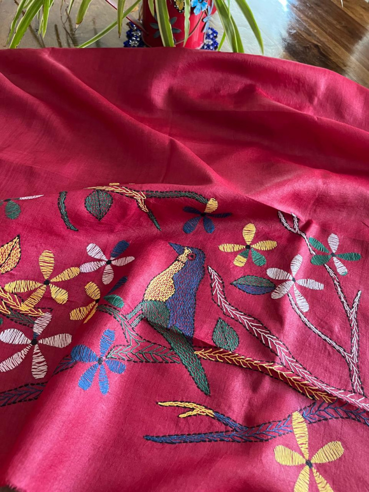 Image of Pure Silk Kantha Hand embroidered Blouse - Unstitched - Dark Pink