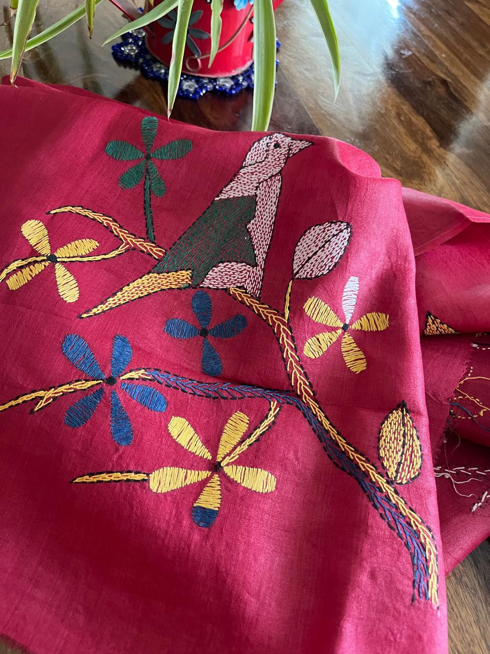 Pure Silk Kantha Hand embroidered Blouse - Unstitched - Dark Pink