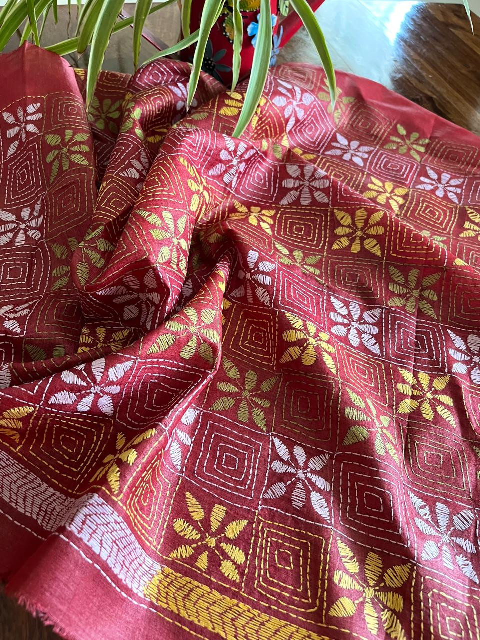 Pure Silk Kantha Hand embroidered Blouse - Unstitched - Earthy Red