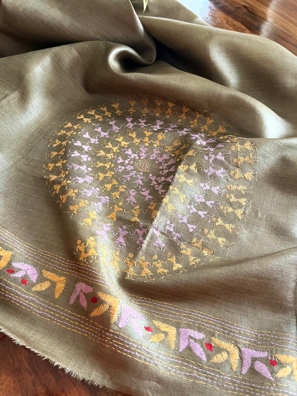Pure Silk Kantha Hand embroidered Blouse - Unstitched - Fossil Green
