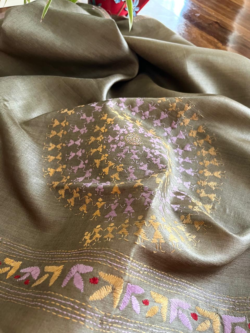 Pure Silk Kantha Hand embroidered Blouse - Unstitched - Fossil Green