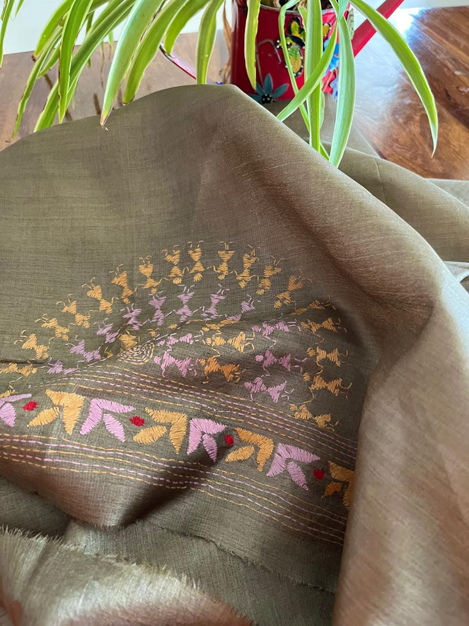 Pure Silk Kantha Hand embroidered Blouse - Unstitched - Fossil Green
