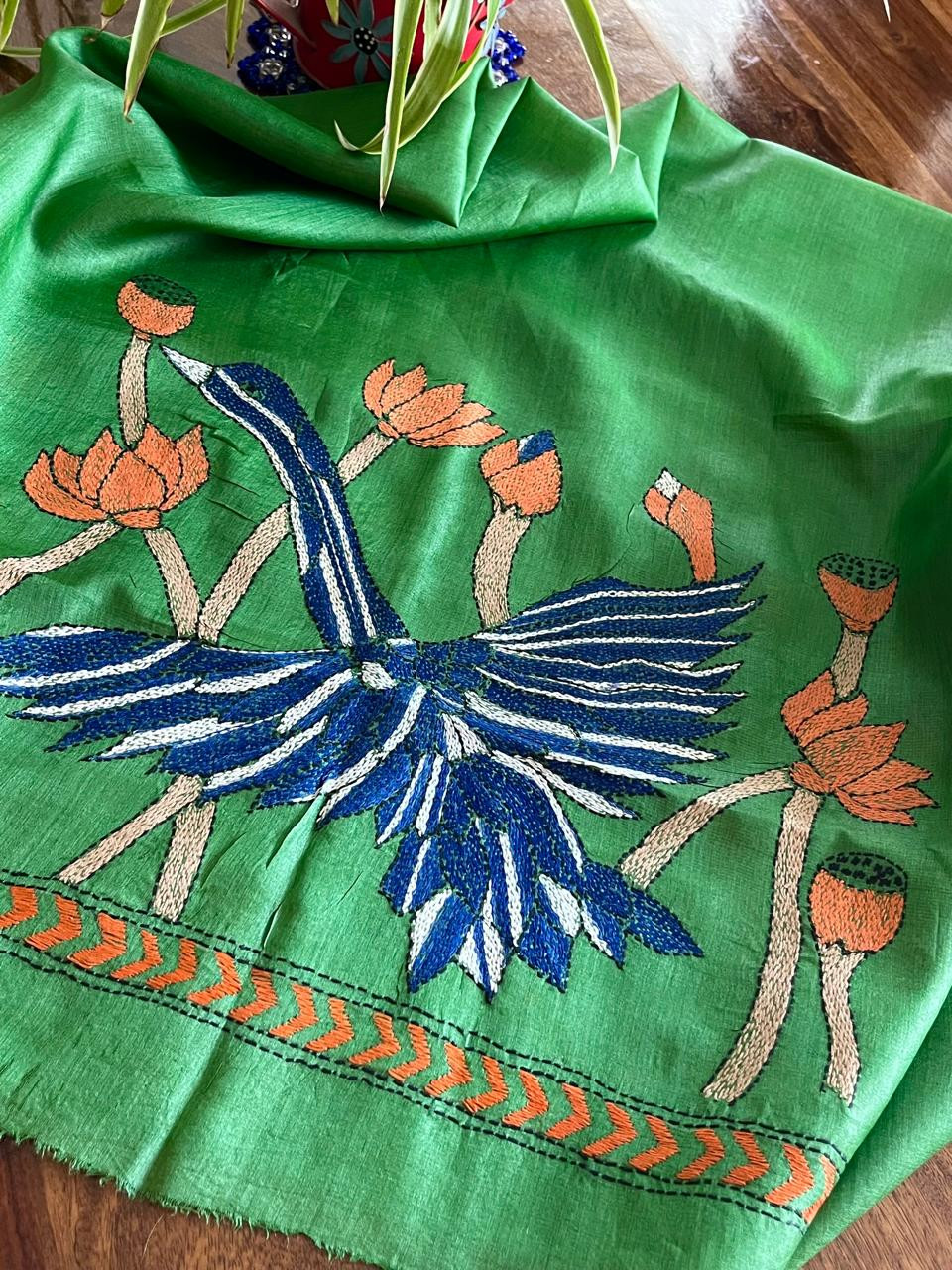 Pure Silk Kantha Hand embroidered Blouse - Unstitched - Green