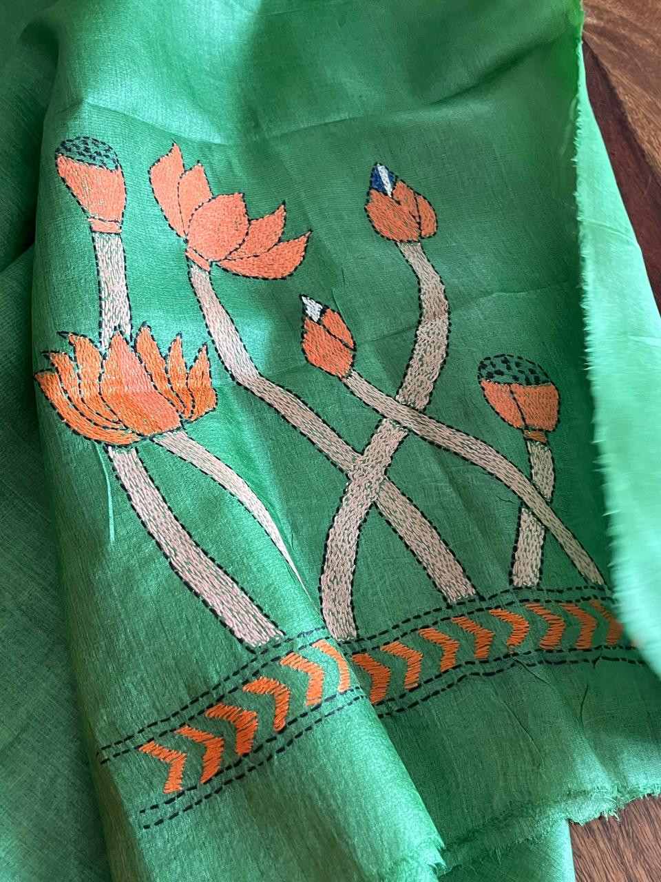 Pure Silk Kantha Hand embroidered Blouse - Unstitched - Green