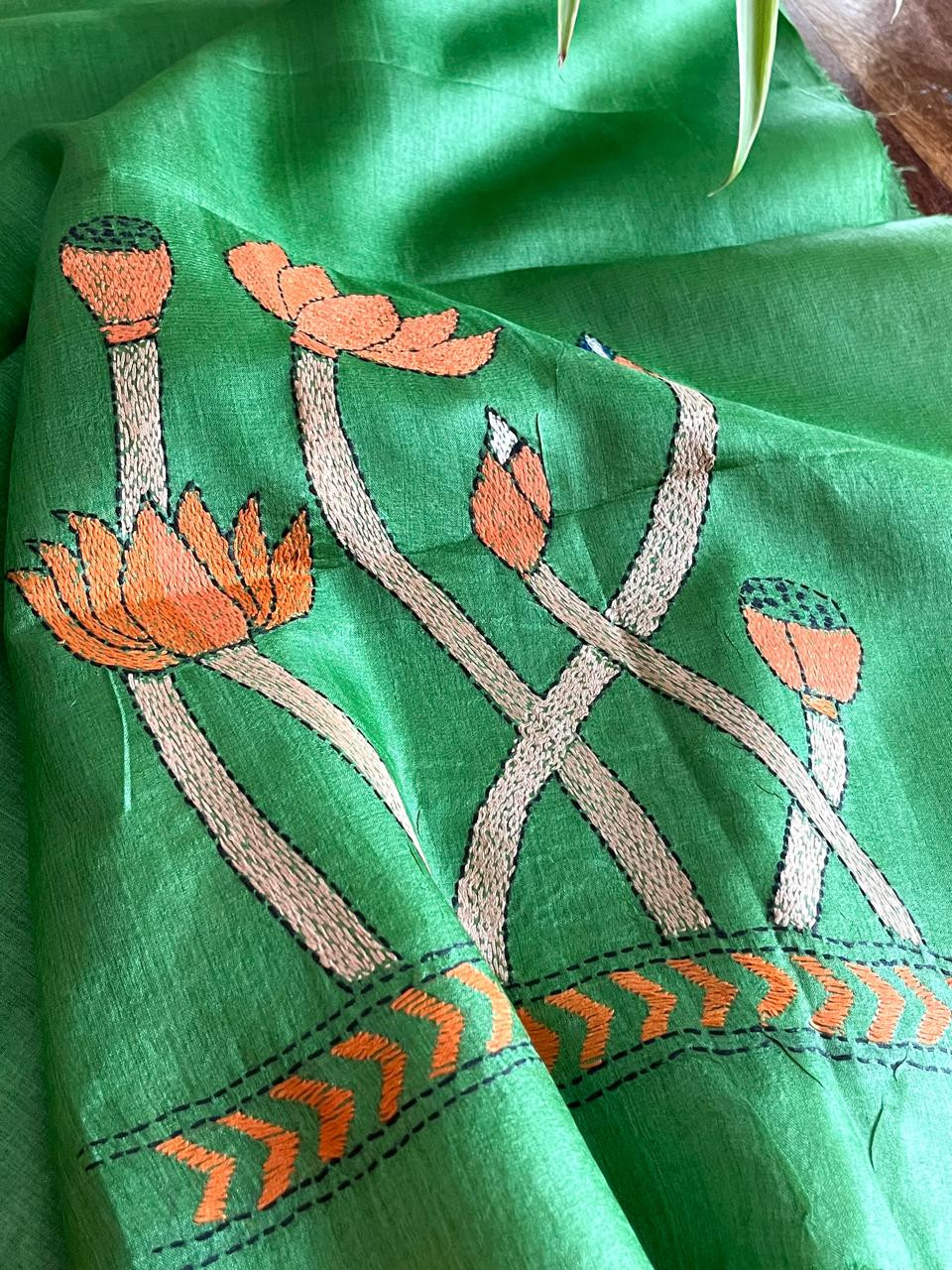 Pure Silk Kantha Hand embroidered Blouse - Unstitched - Green