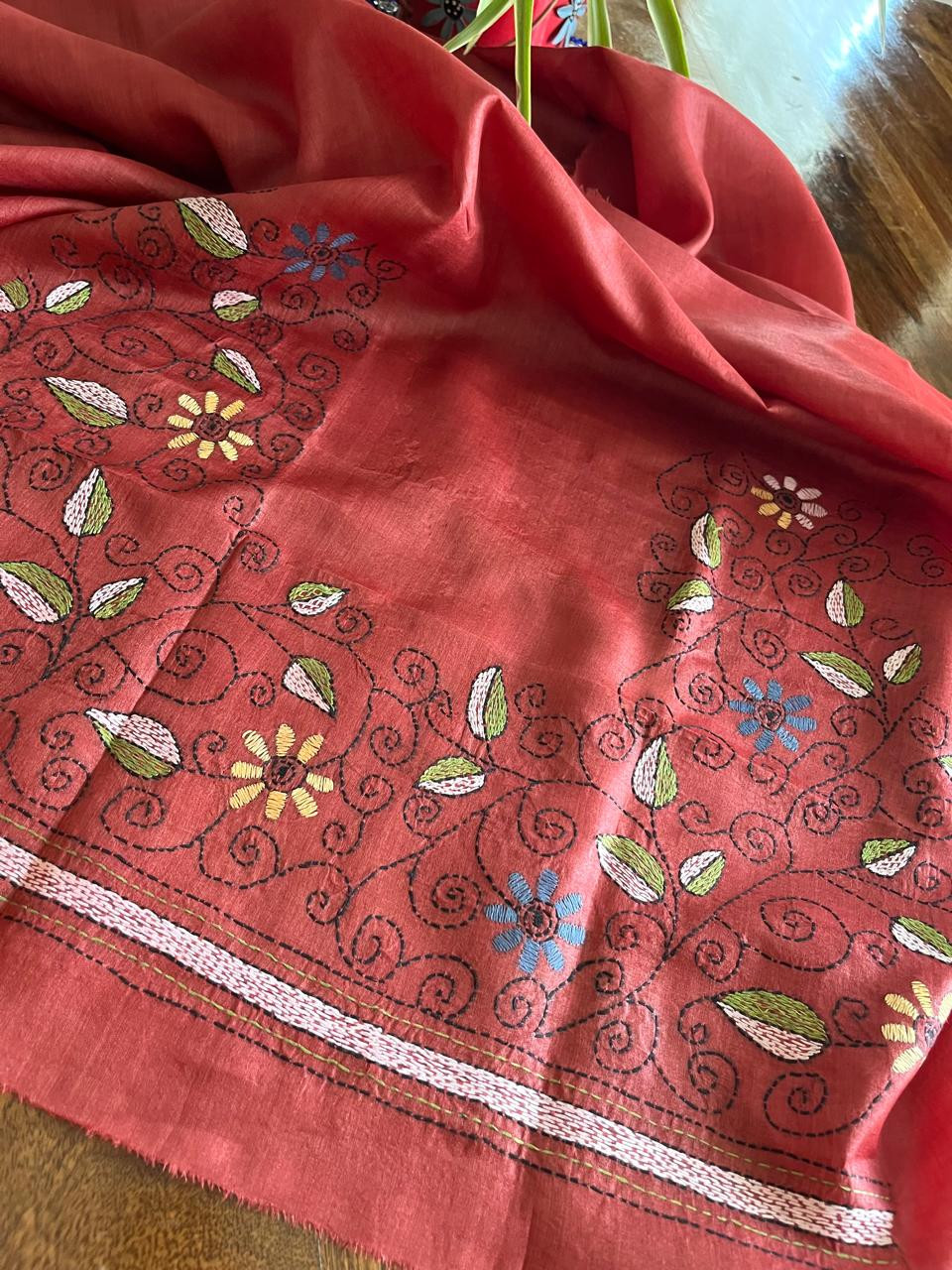 Pure Silk Kantha Hand embroidered Blouse - Unstitched - Red