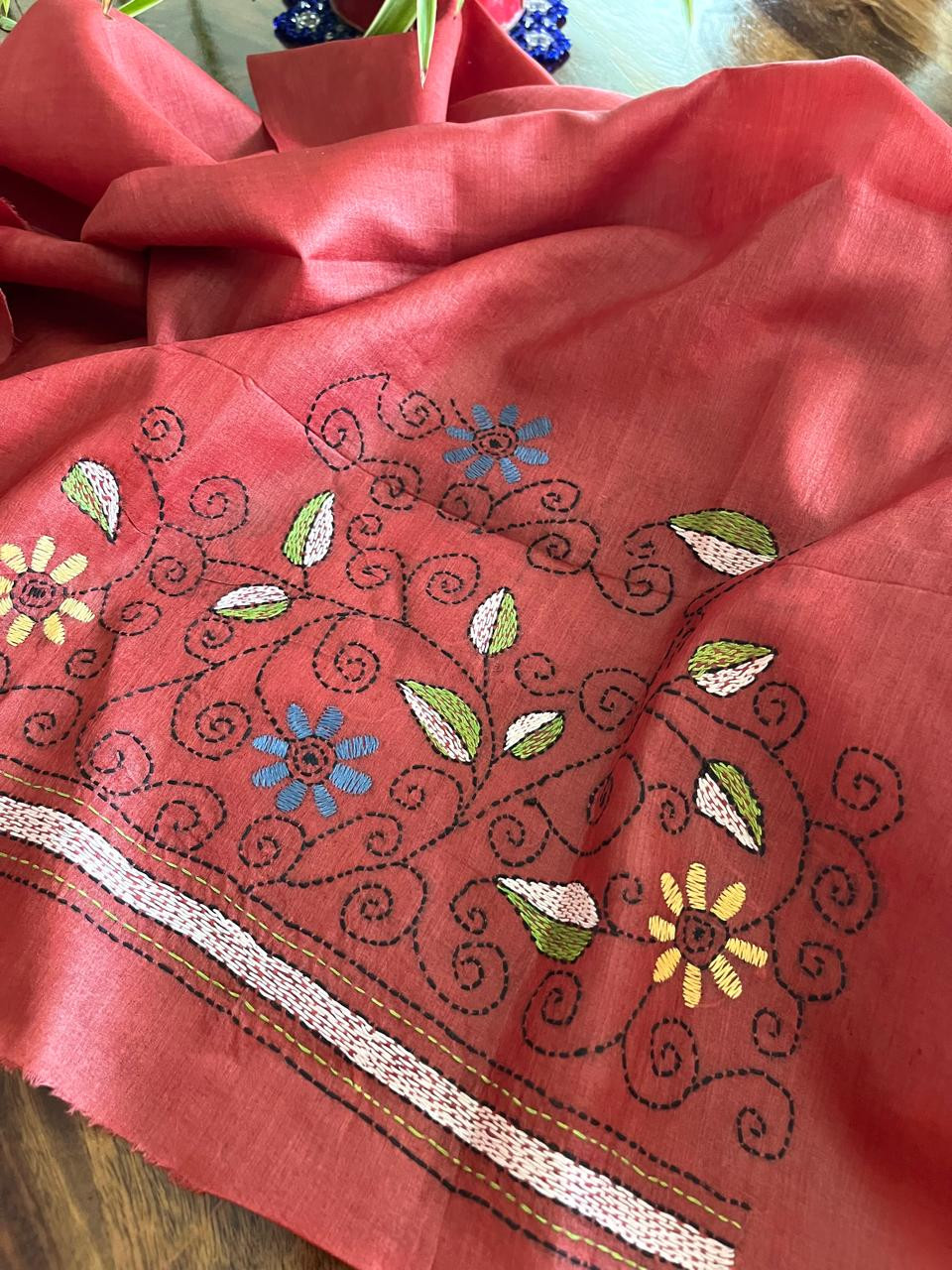 Pure Silk Kantha Hand embroidered Blouse - Unstitched - Red