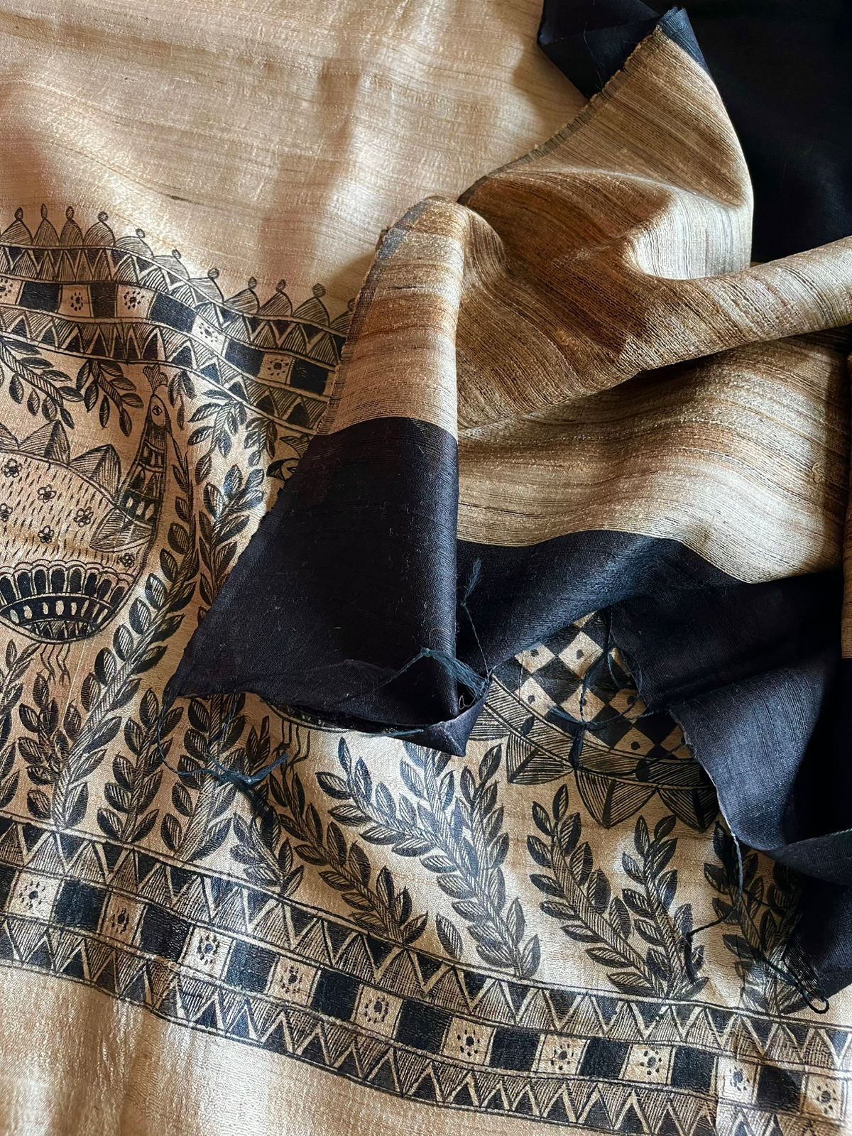 Pure Silk Madhubani Handpainted Kurta with Pure Silk Dupatta - Beige with Black