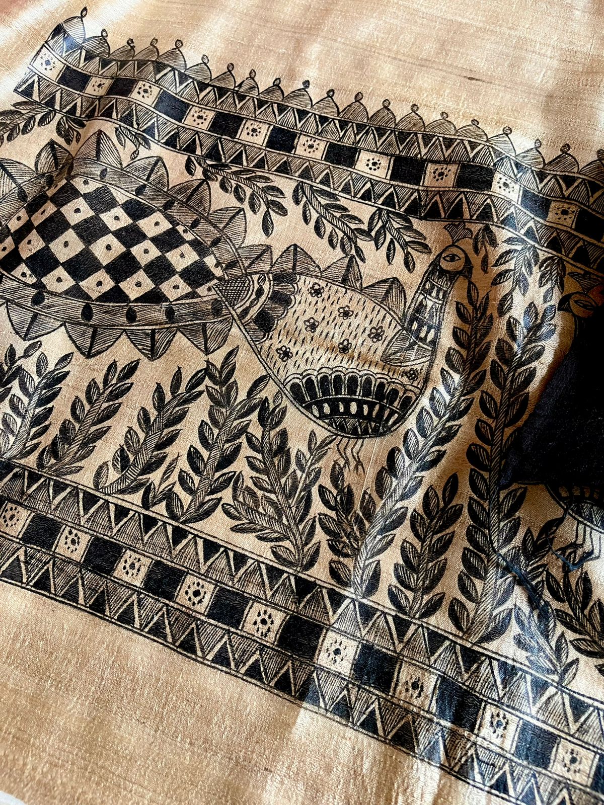 Pure Silk Madhubani Handpainted Kurta with Pure Silk Dupatta - Beige with Black