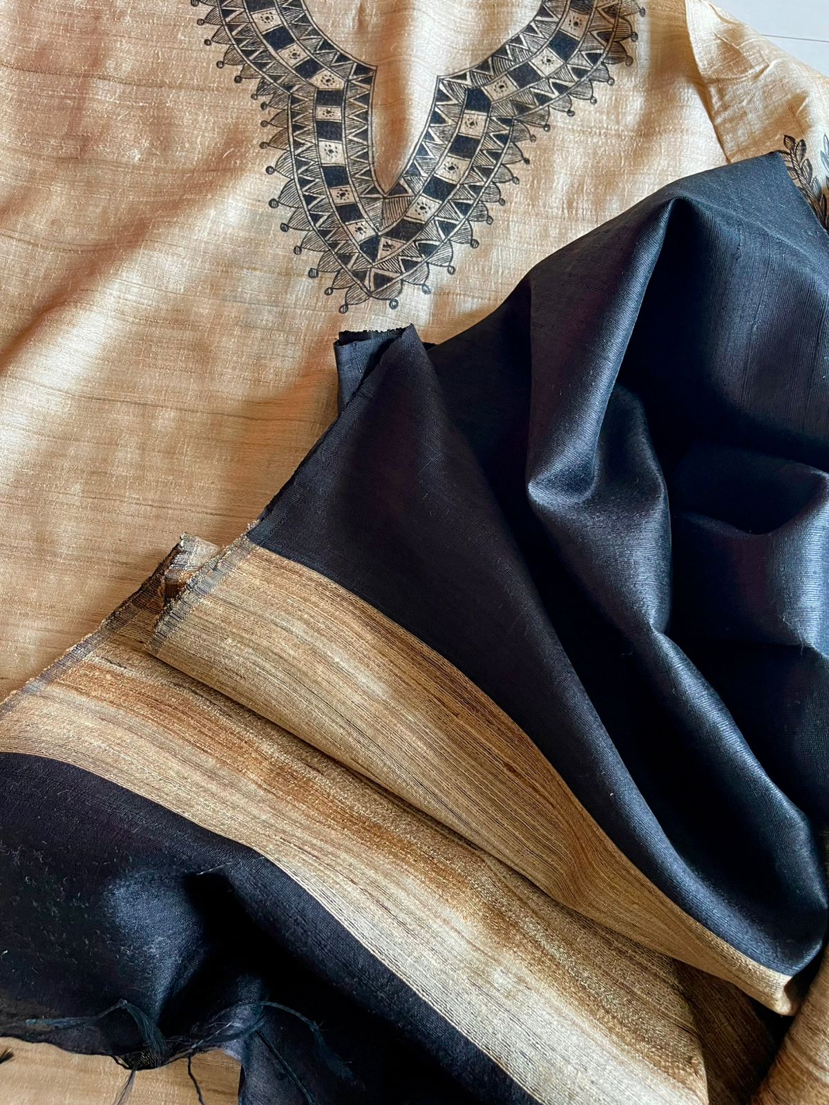 Pure Silk Madhubani Handpainted Kurta with Pure Silk Dupatta - Beige with Black