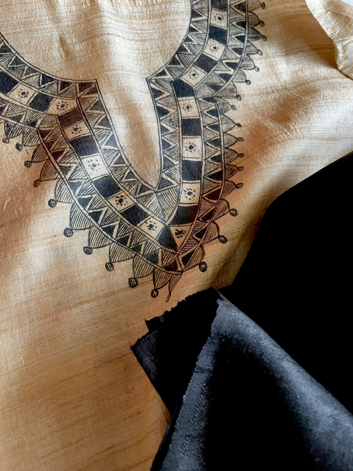 Pure Silk Madhubani Handpainted Kurta with Pure Silk Dupatta - Beige with Black