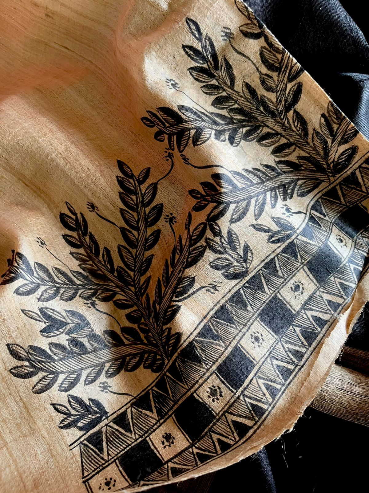 Pure Silk Madhubani Handpainted Kurta with Pure Silk Dupatta - Beige with Black