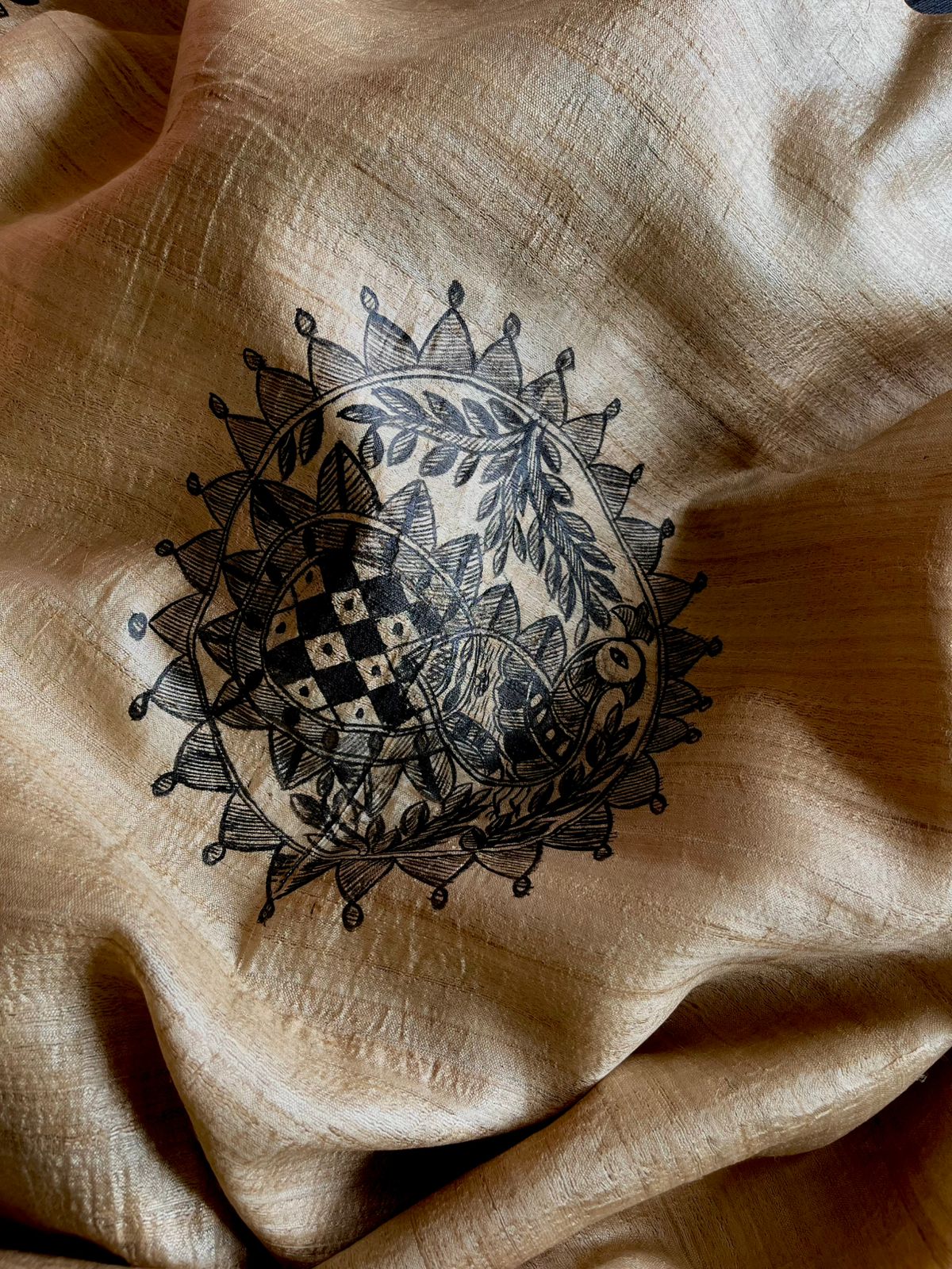 Pure Silk Madhubani Handpainted Kurta with Pure Silk Dupatta - Beige with Black