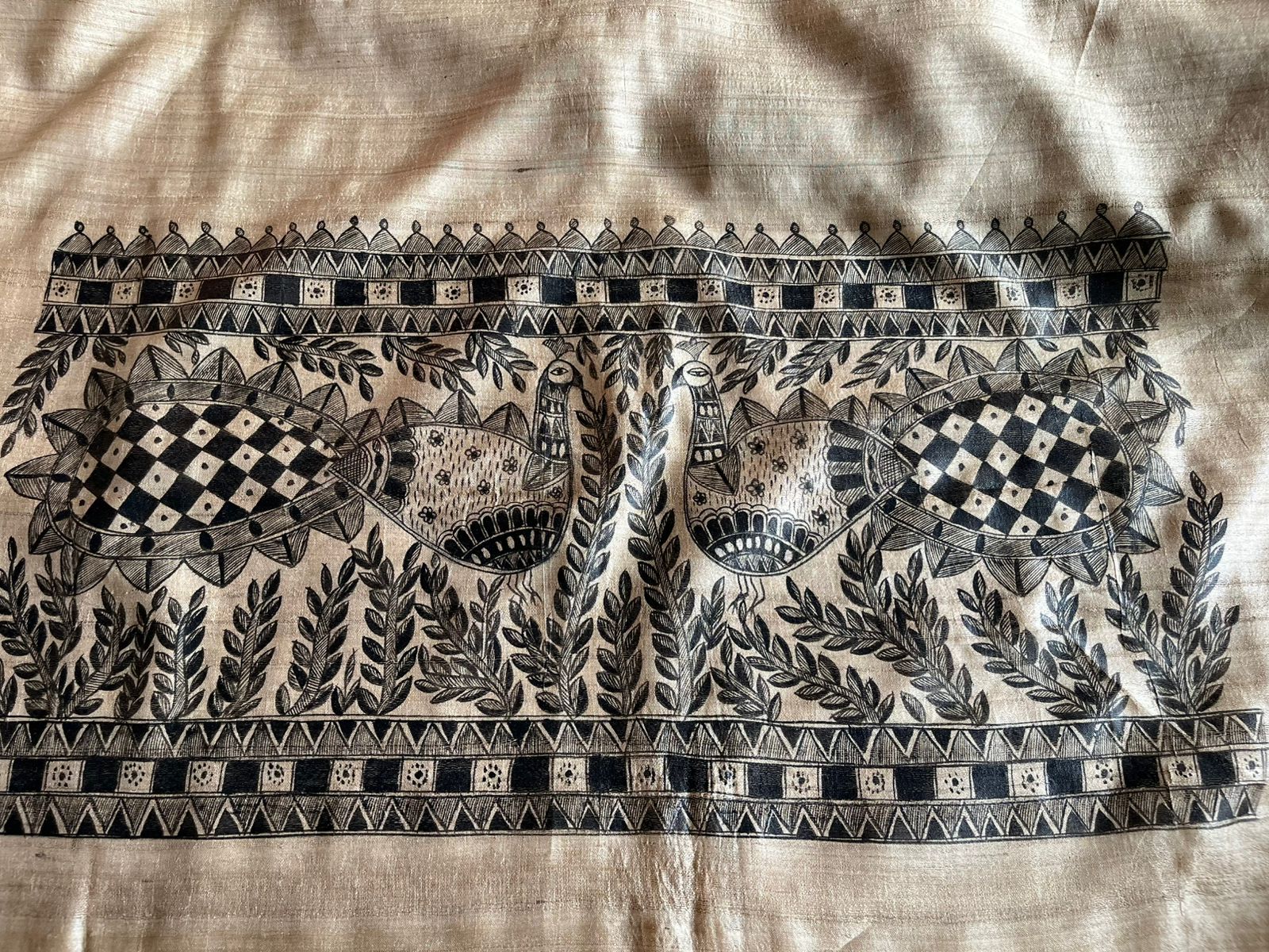 Pure Silk Madhubani Handpainted Kurta with Pure Silk Dupatta - Beige with Black