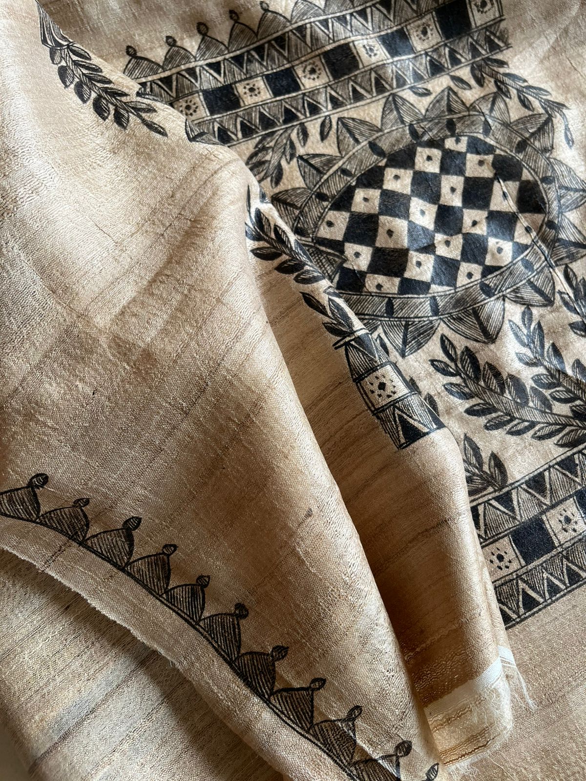 Pure Silk Madhubani Handpainted Kurta with Pure Silk Dupatta - Beige with Black