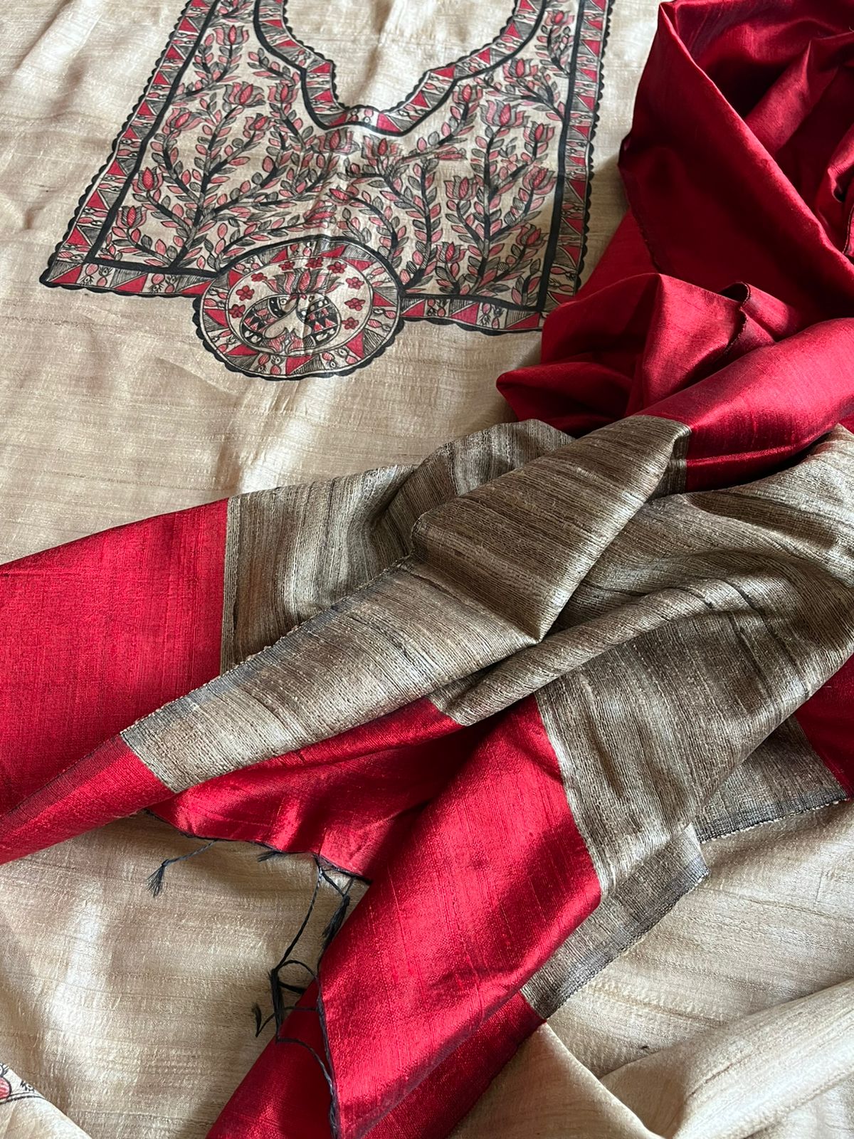 Pure Silk Madhubani Handpainted Kurta with Pure Silk Dupatta - Beige with Red