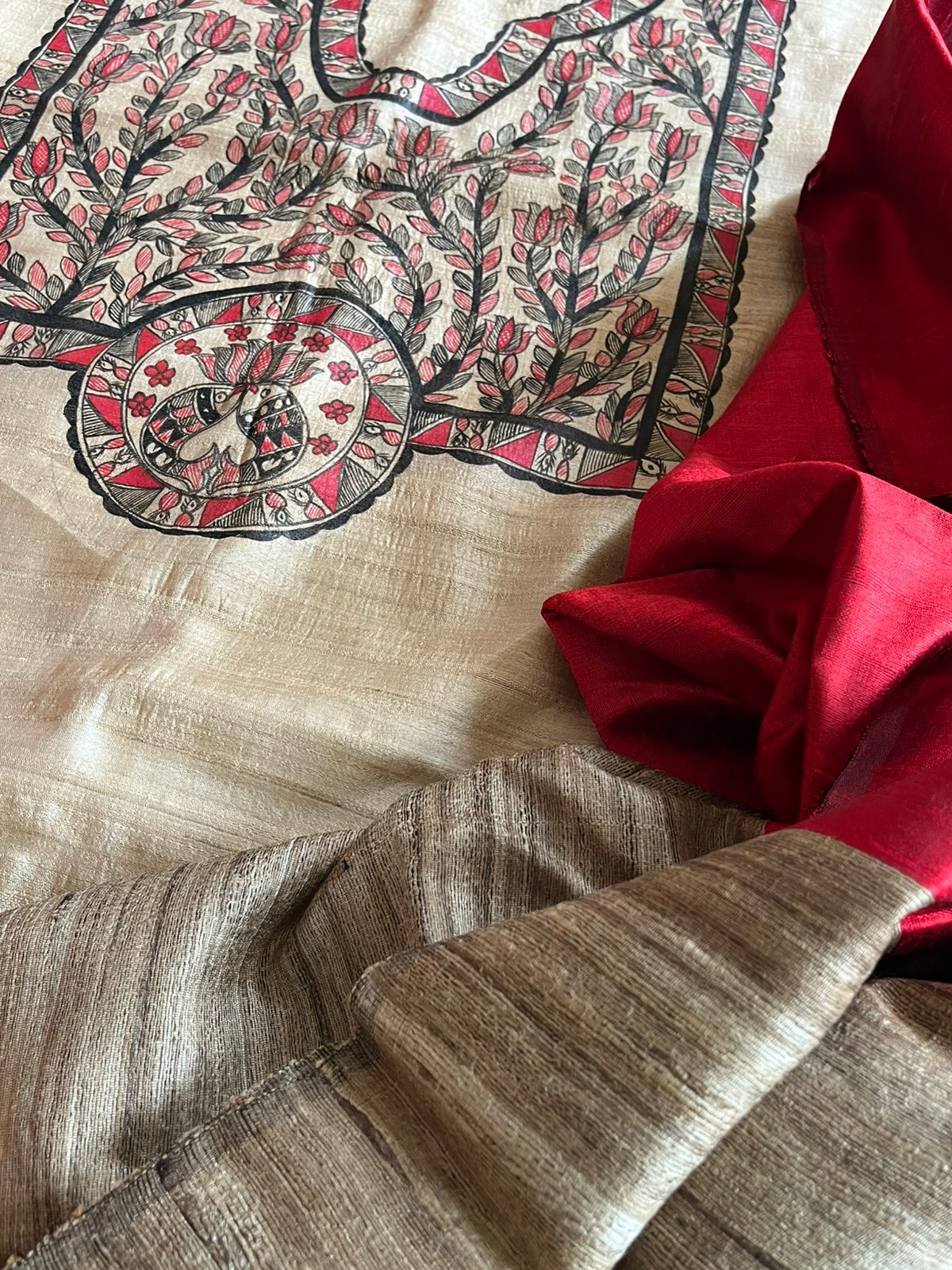 Pure Silk Madhubani Handpainted Kurta with Pure Silk Dupatta - Beige with Red