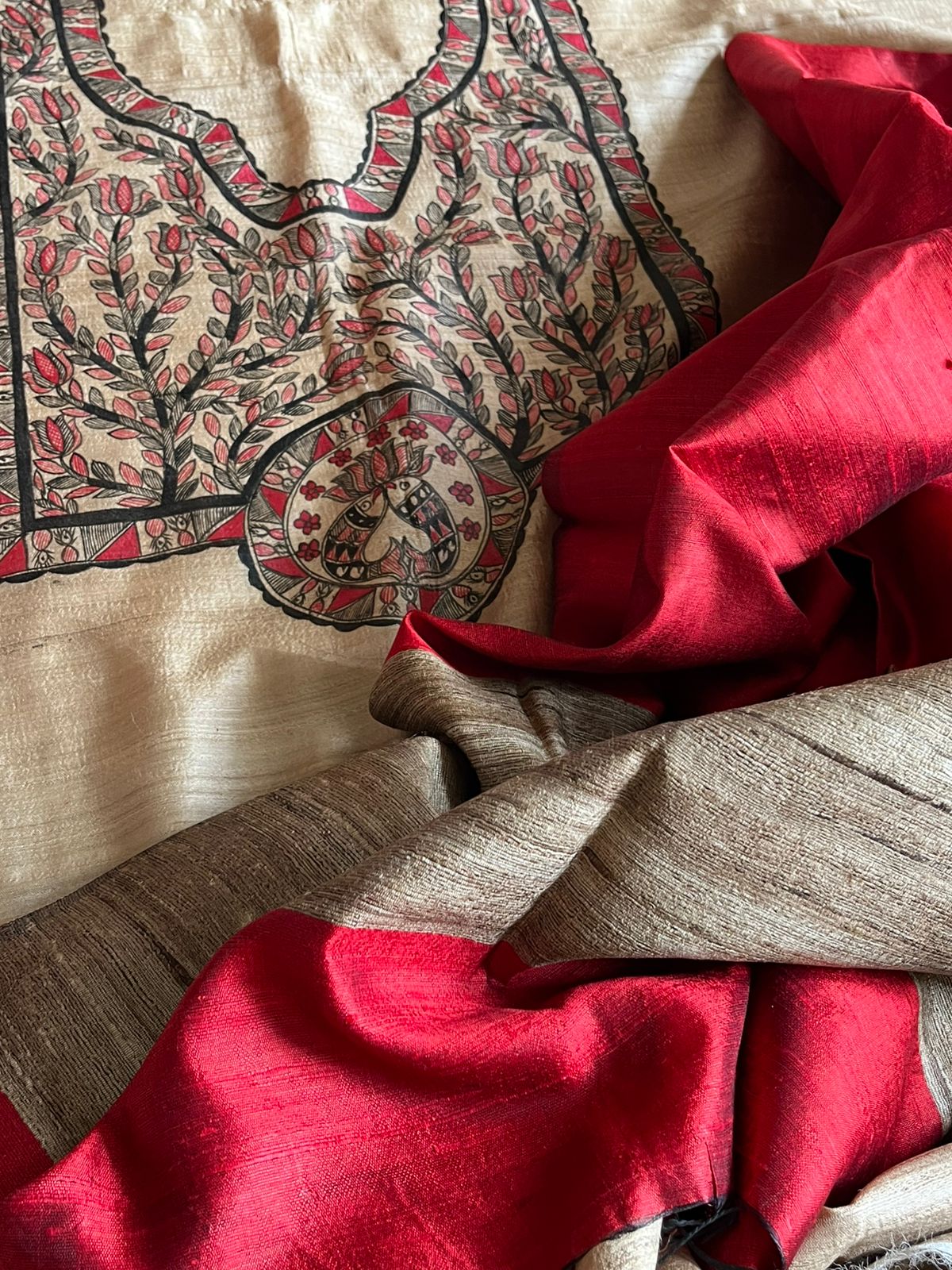 Pure Silk Madhubani Handpainted Kurta with Pure Silk Dupatta - Beige with Red