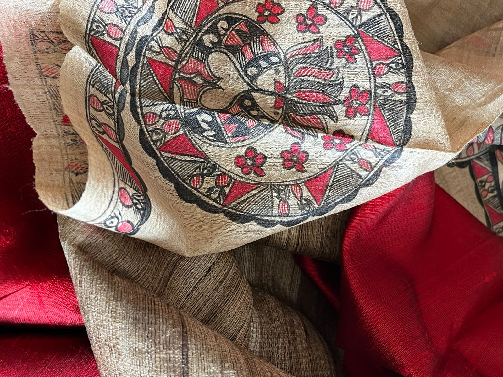 Pure Silk Madhubani Handpainted Kurta with Pure Silk Dupatta - Beige with Red