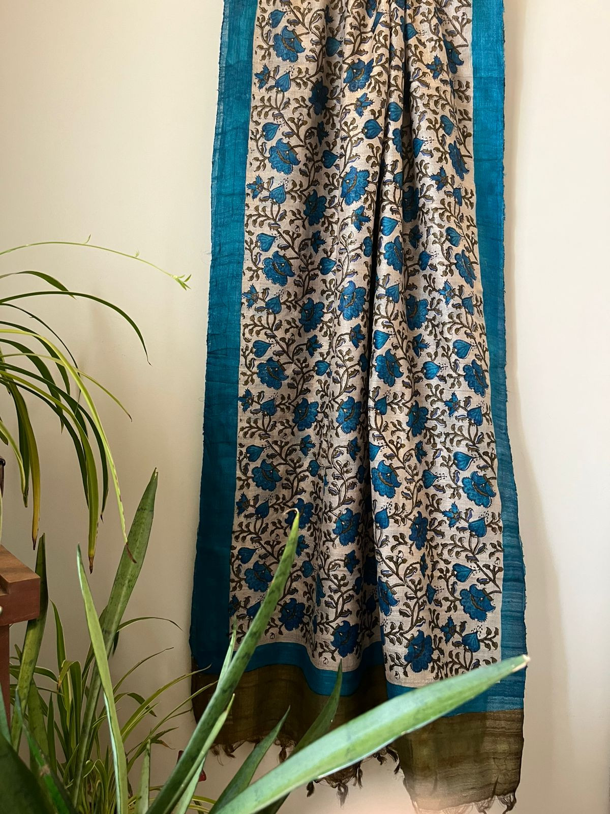 Pure Silk Tussar Printed Dupatta - Blue With Olive