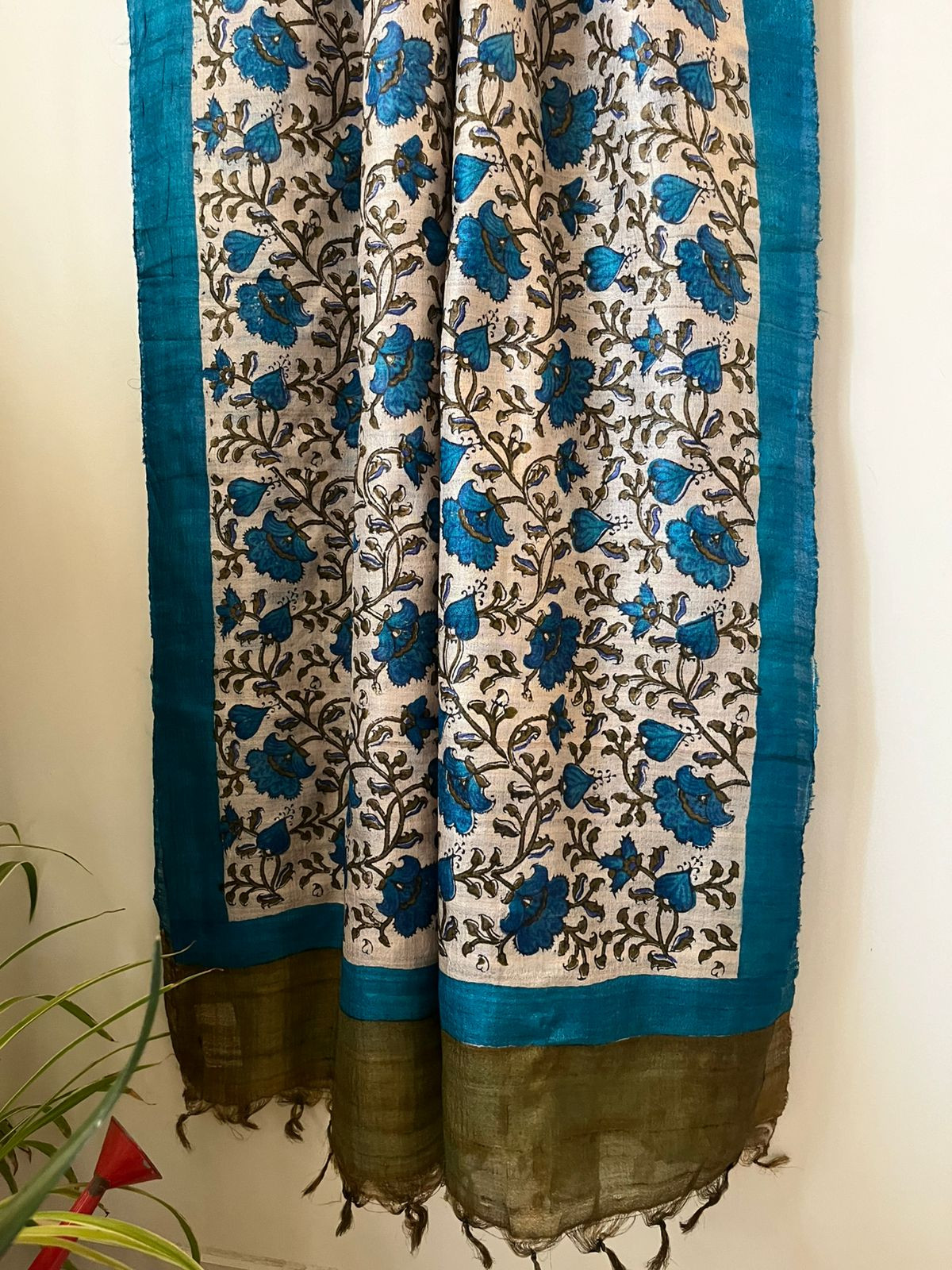 Pure Silk Tussar Printed Dupatta - Blue With Olive