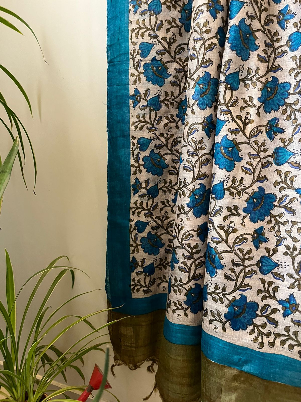 Pure Silk Tussar Printed Dupatta - Blue With Olive