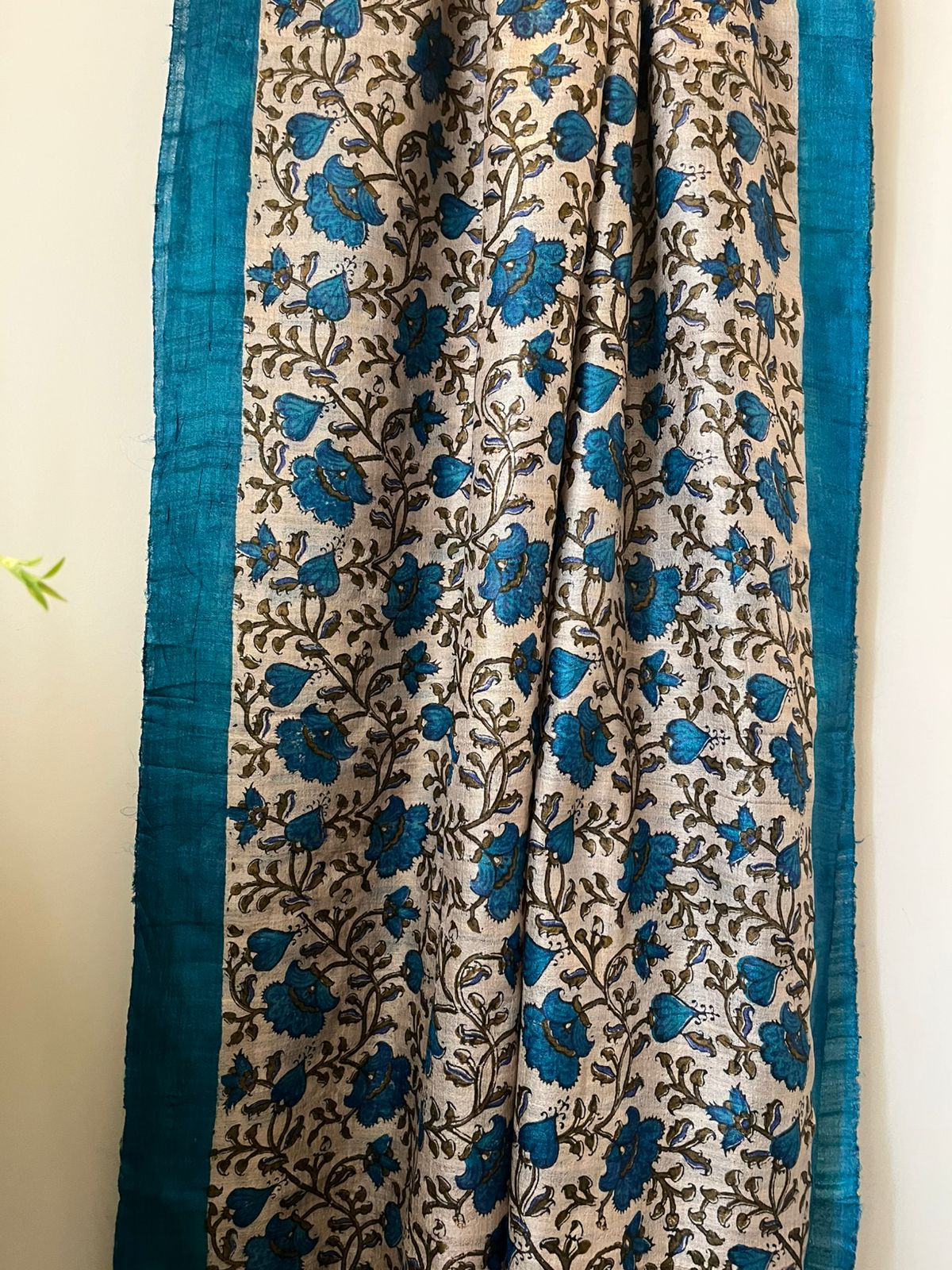 Pure Silk Tussar Printed Dupatta - Blue With Olive