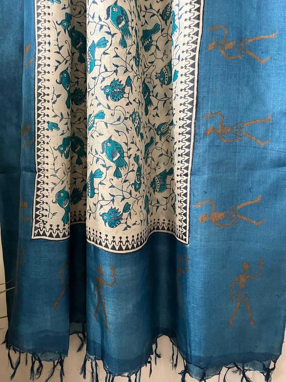 Pure Silk Tussar printed dupatta - Blue