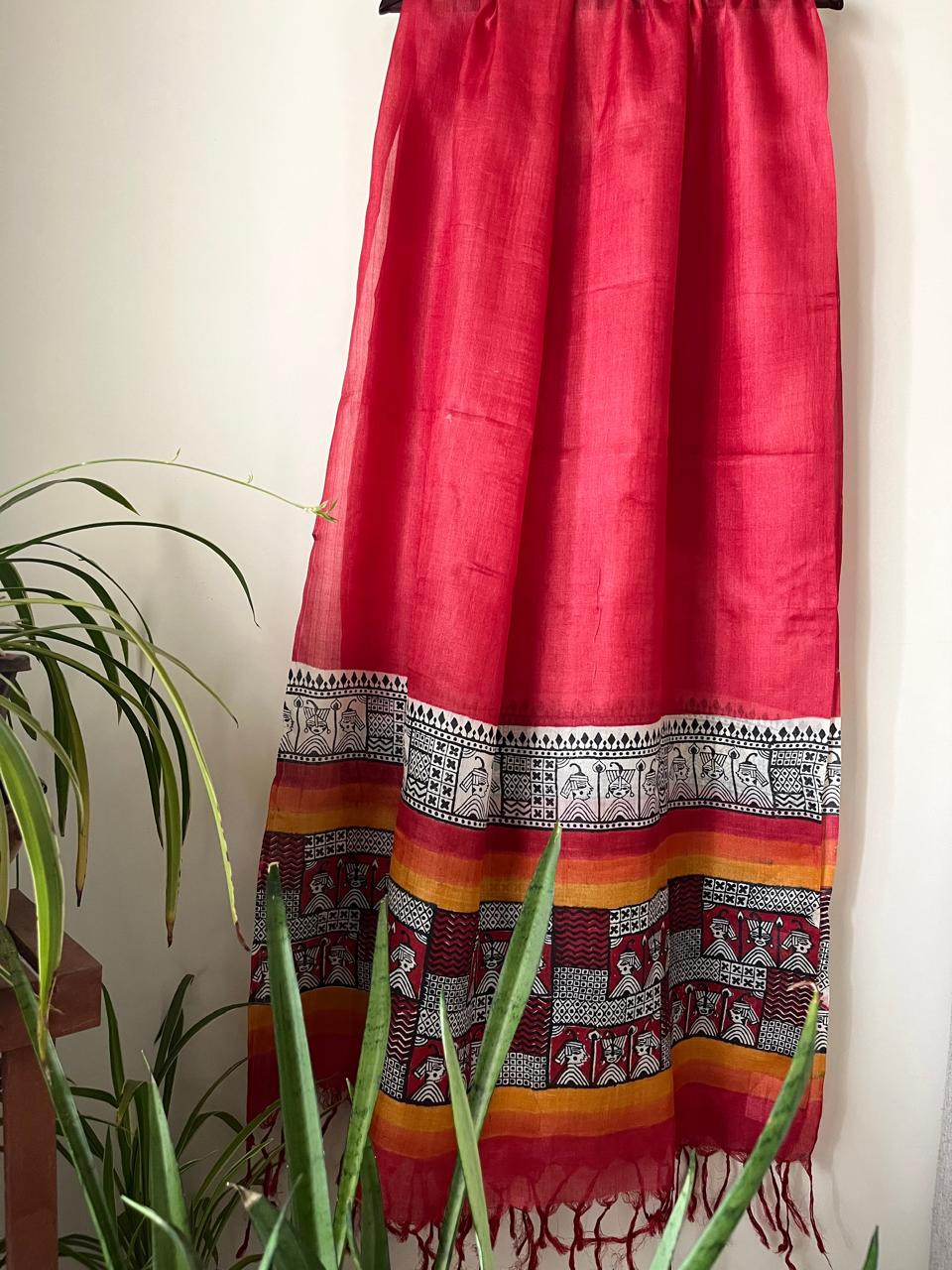 Pure Silk Tussar Printed Dupatta - Red With Mustard