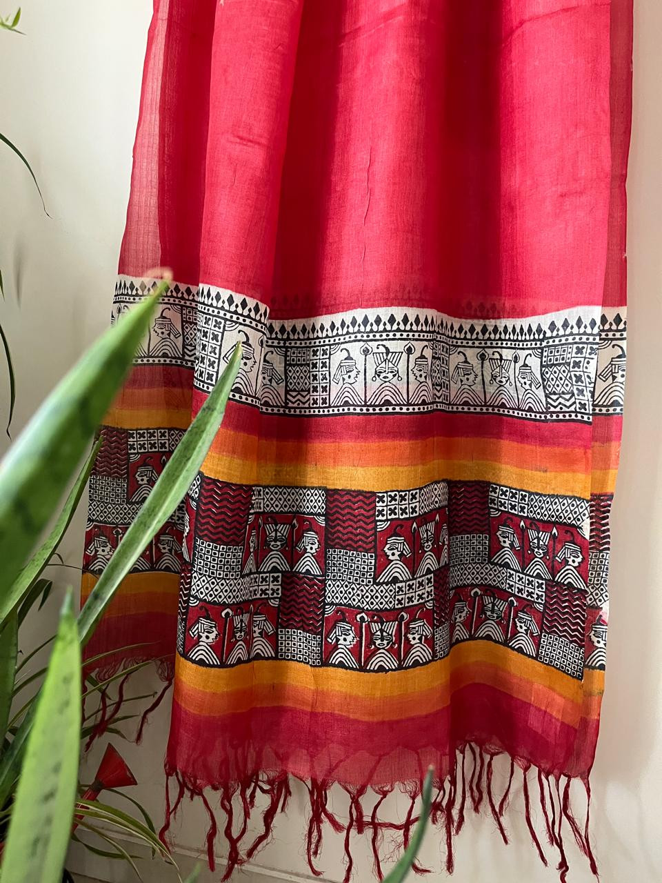 Pure Silk Tussar Printed Dupatta - Red With Mustard
