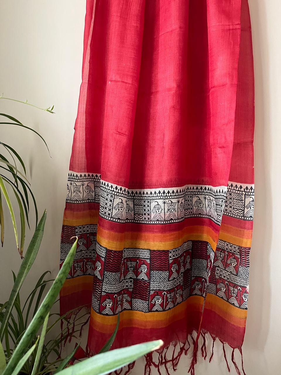 Pure Silk Tussar Printed Dupatta - Red With Mustard