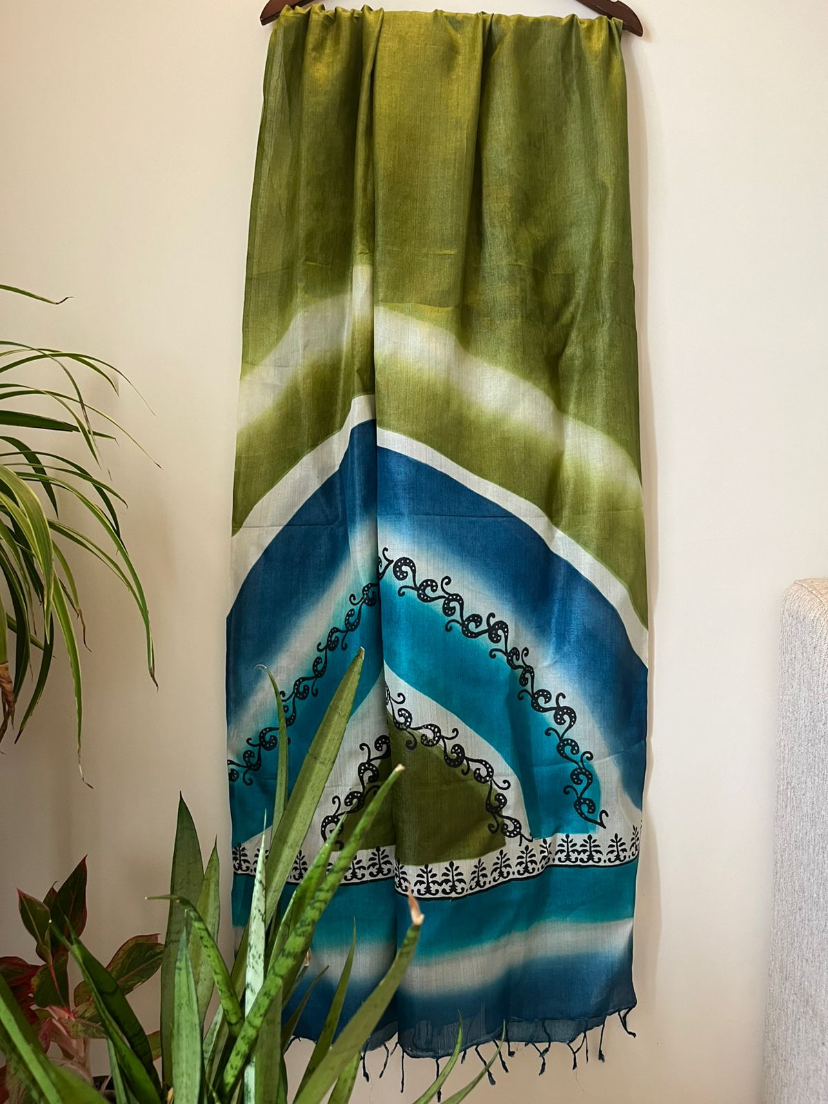 Pure Silk Tussar printed dupatta - Shades of Blue and Green