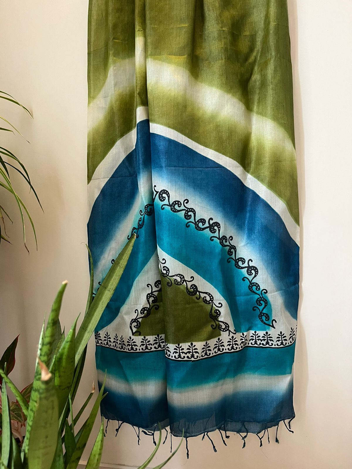 Pure Silk Tussar printed dupatta - Shades of Blue and Green