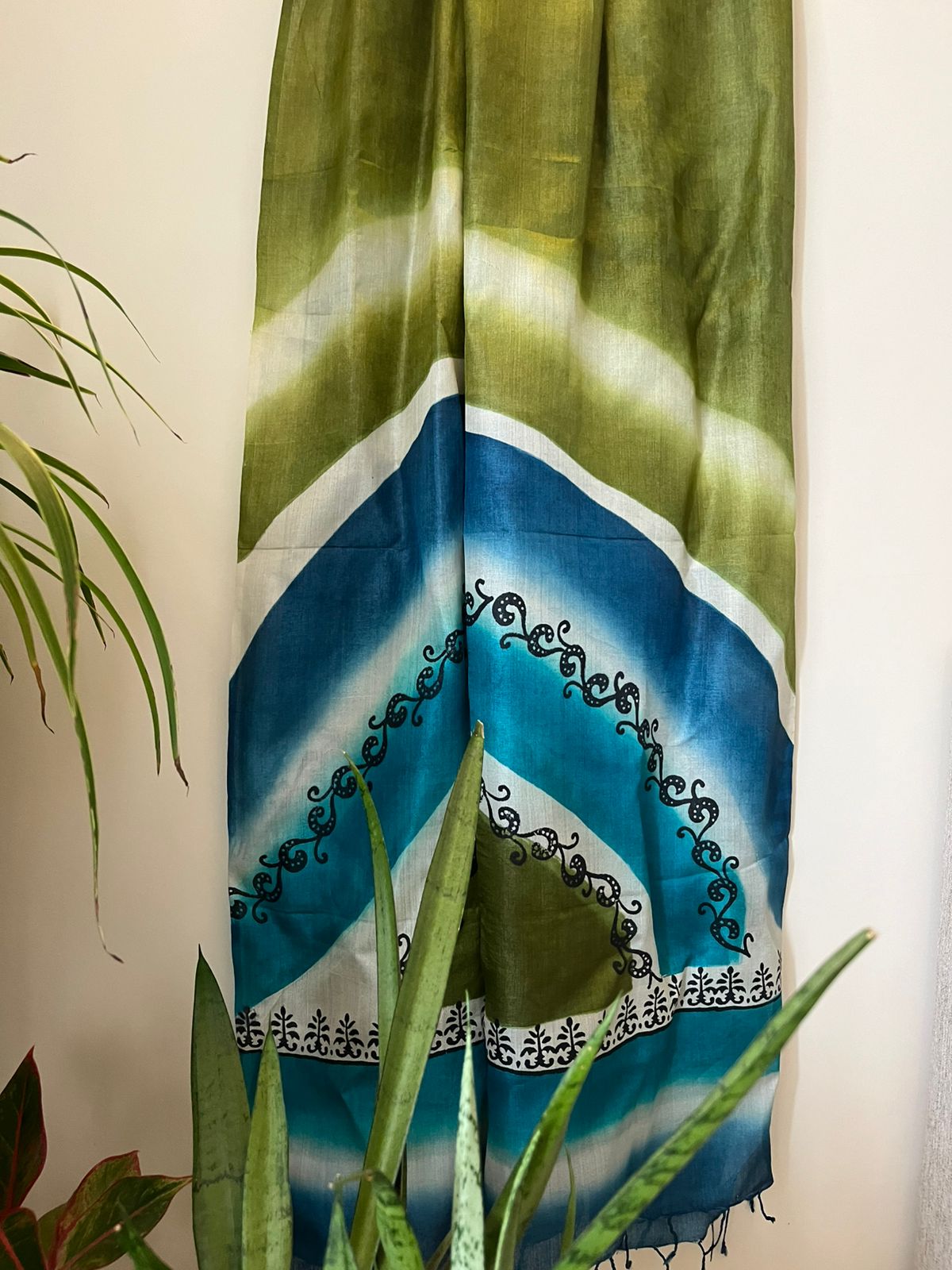 Pure Silk Tussar printed dupatta - Shades of Blue and Green