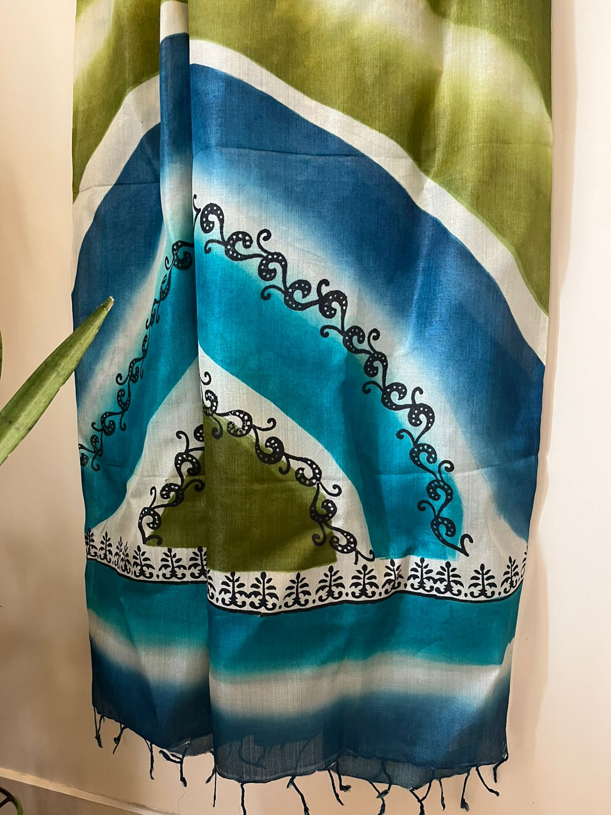 Pure Silk Tussar printed dupatta - Shades of Blue and Green