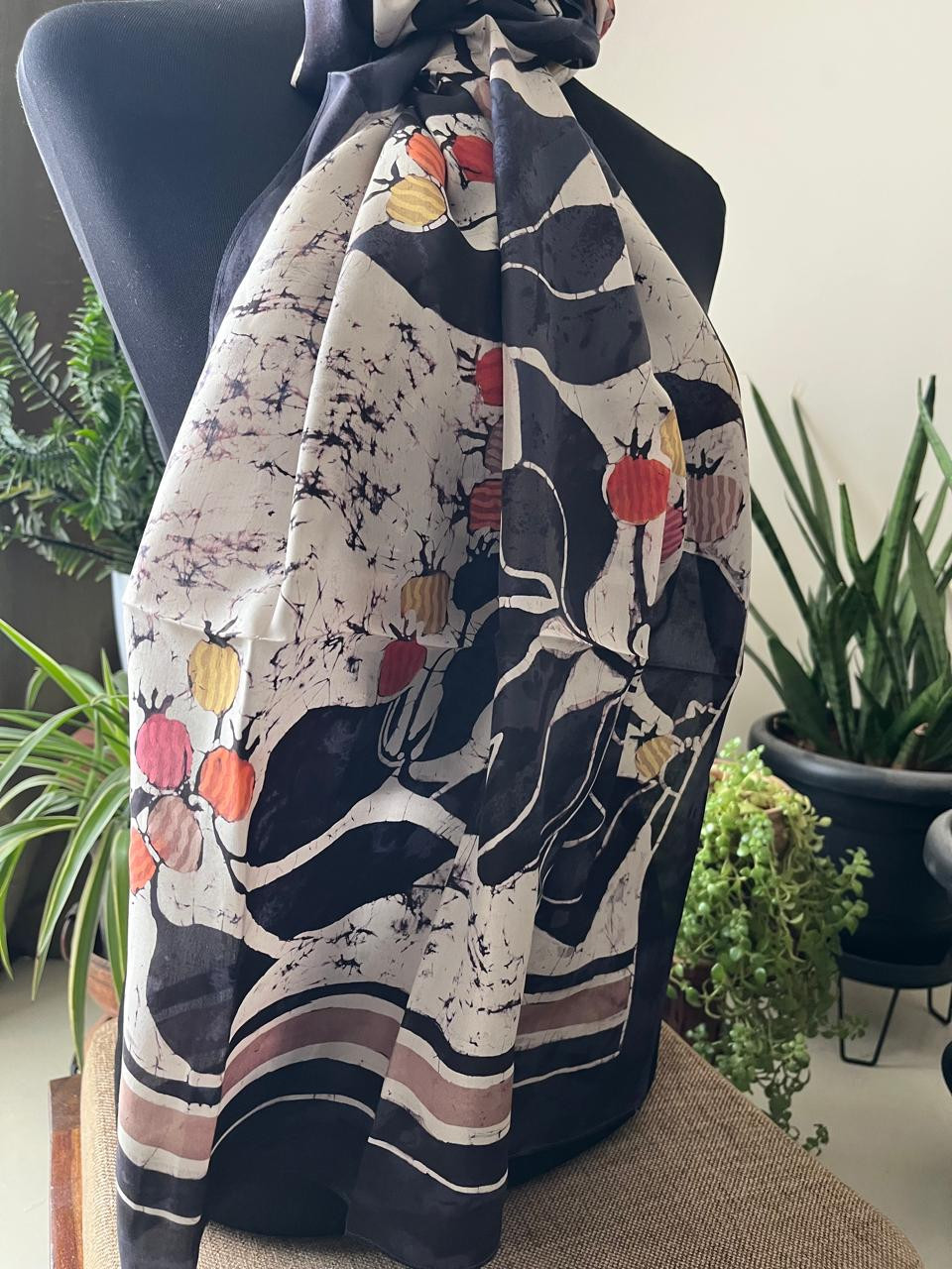 Pure Soft Silk Stole with Hand Wax Batik work