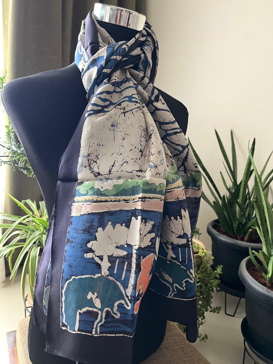 Pure Soft Silk Stole with Hand Wax Batik work