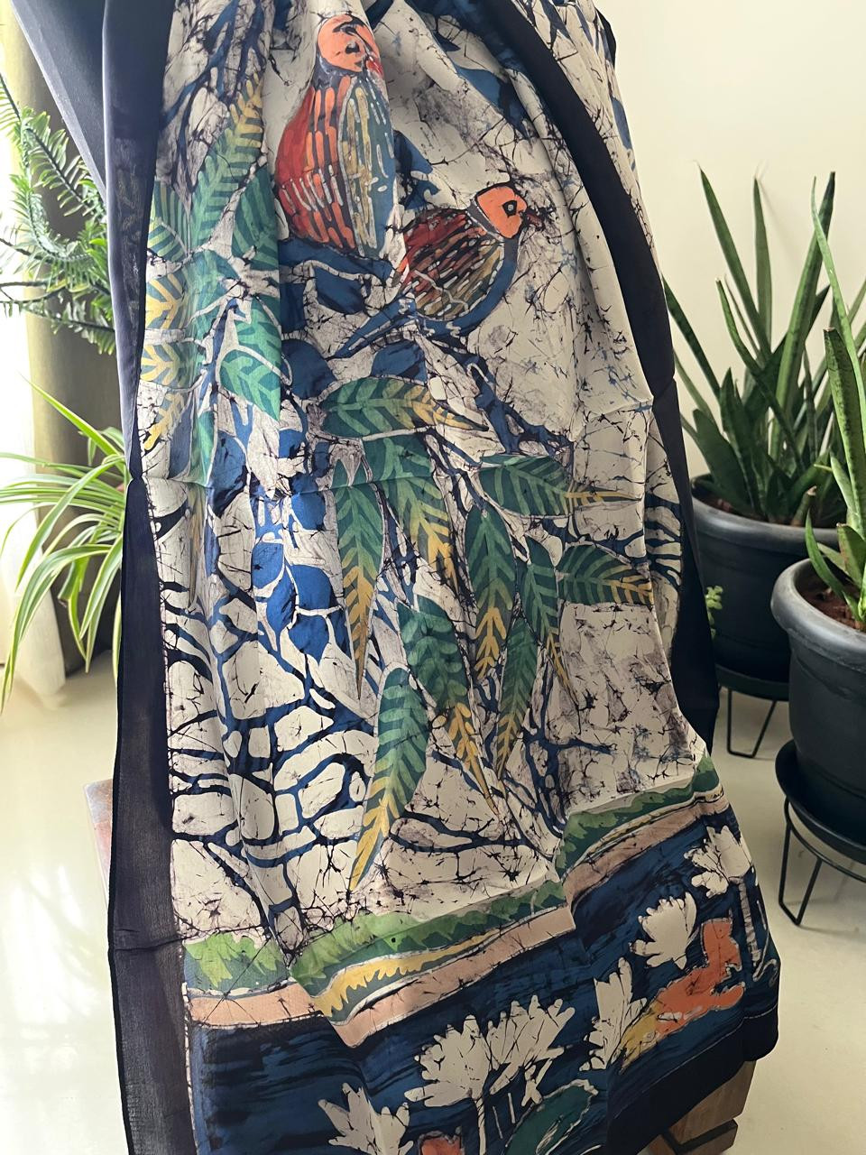Pure Soft Silk Stole with Hand Wax Batik work