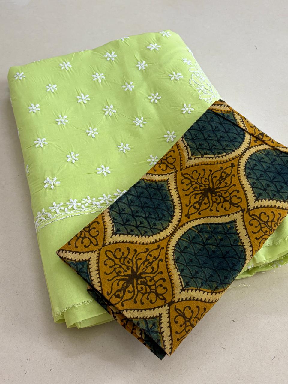 Pure Soft Cotton Chikankari Handwork Saree from Lucknow - Green