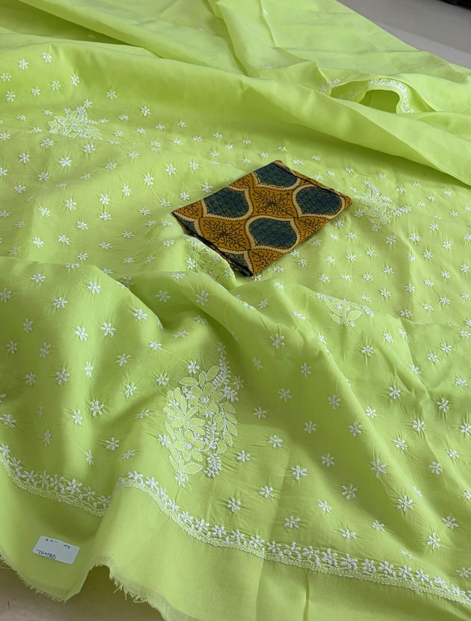 Pure Soft Cotton Chikankari Handwork Saree from Lucknow - Green